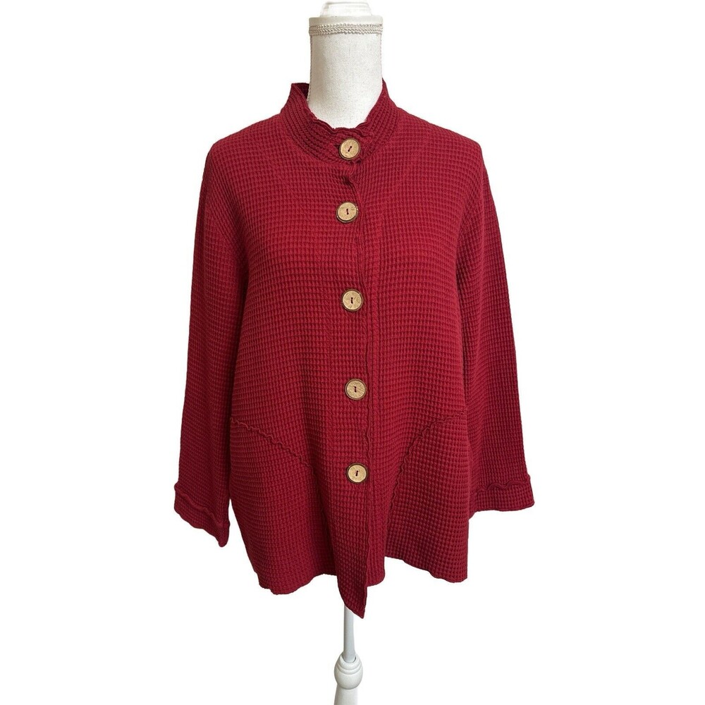 NWT Focus Casual Lifestyle Womens S Red Waffle Knit Jacket Top Lagenlook Cotton